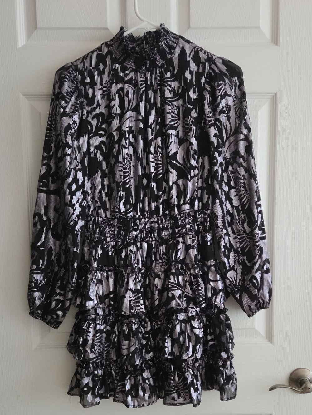 STATE Black and White Long Sleeve Ruffled Mini Dress